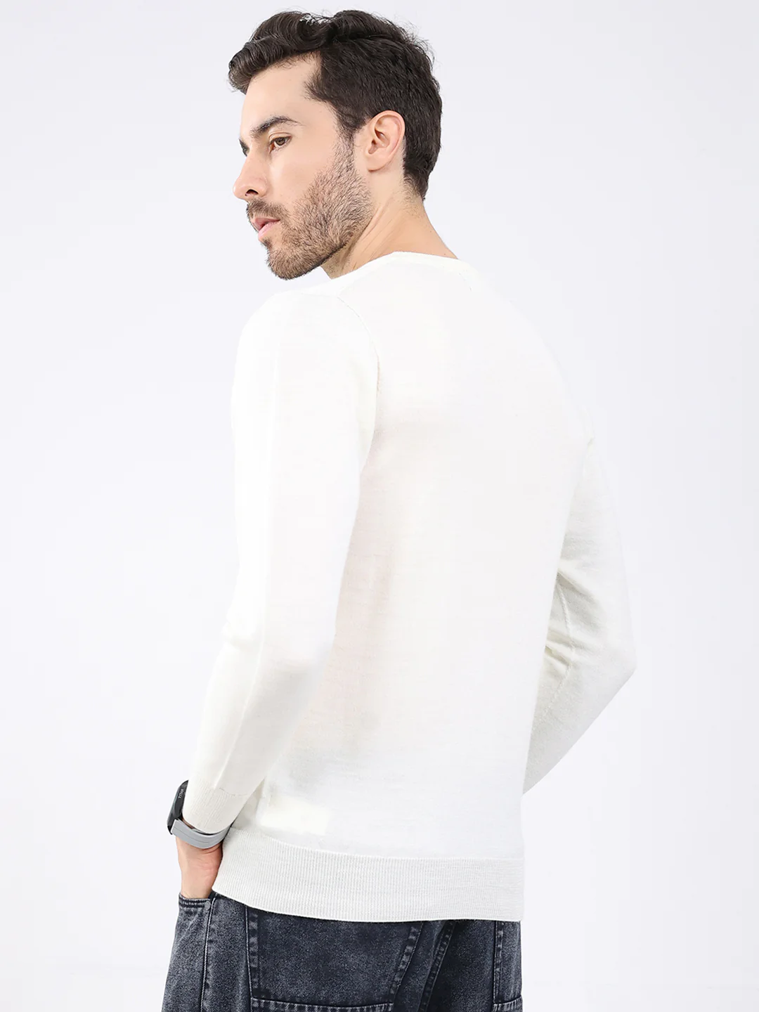 Luxuria Men White Solid Round Neck Full Sleeve Pullover - Image 5