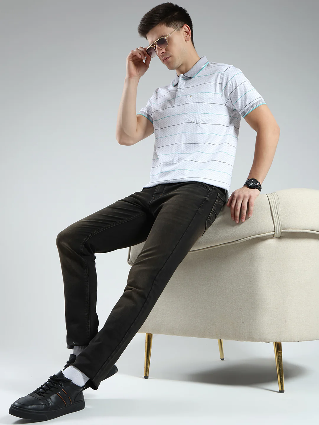 Luxuria Men White Stripe Collar Half Sleeve T-Shirt - Image 2