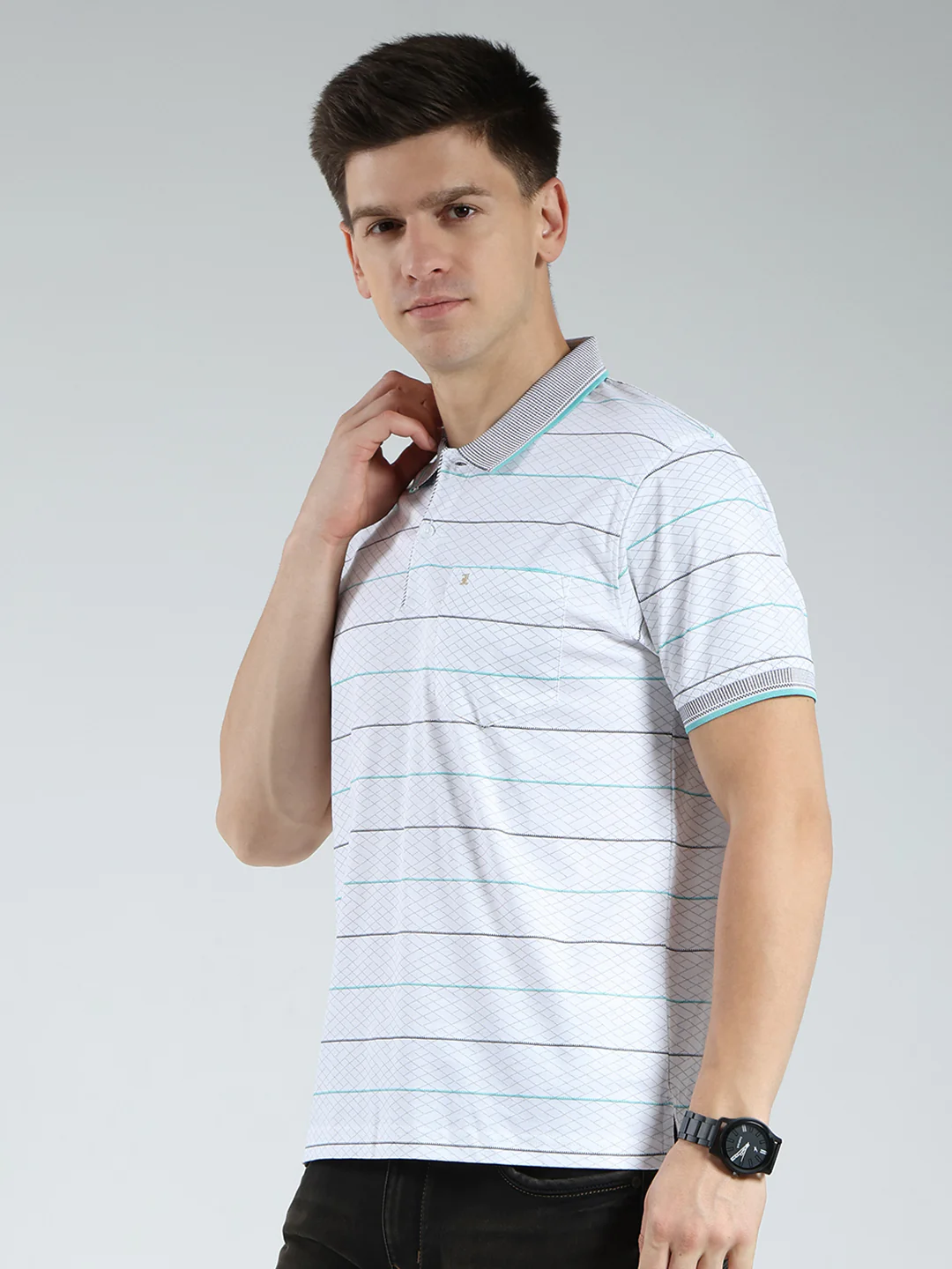 Luxuria Men White Stripe Collar Half Sleeve T-Shirt - Image 3