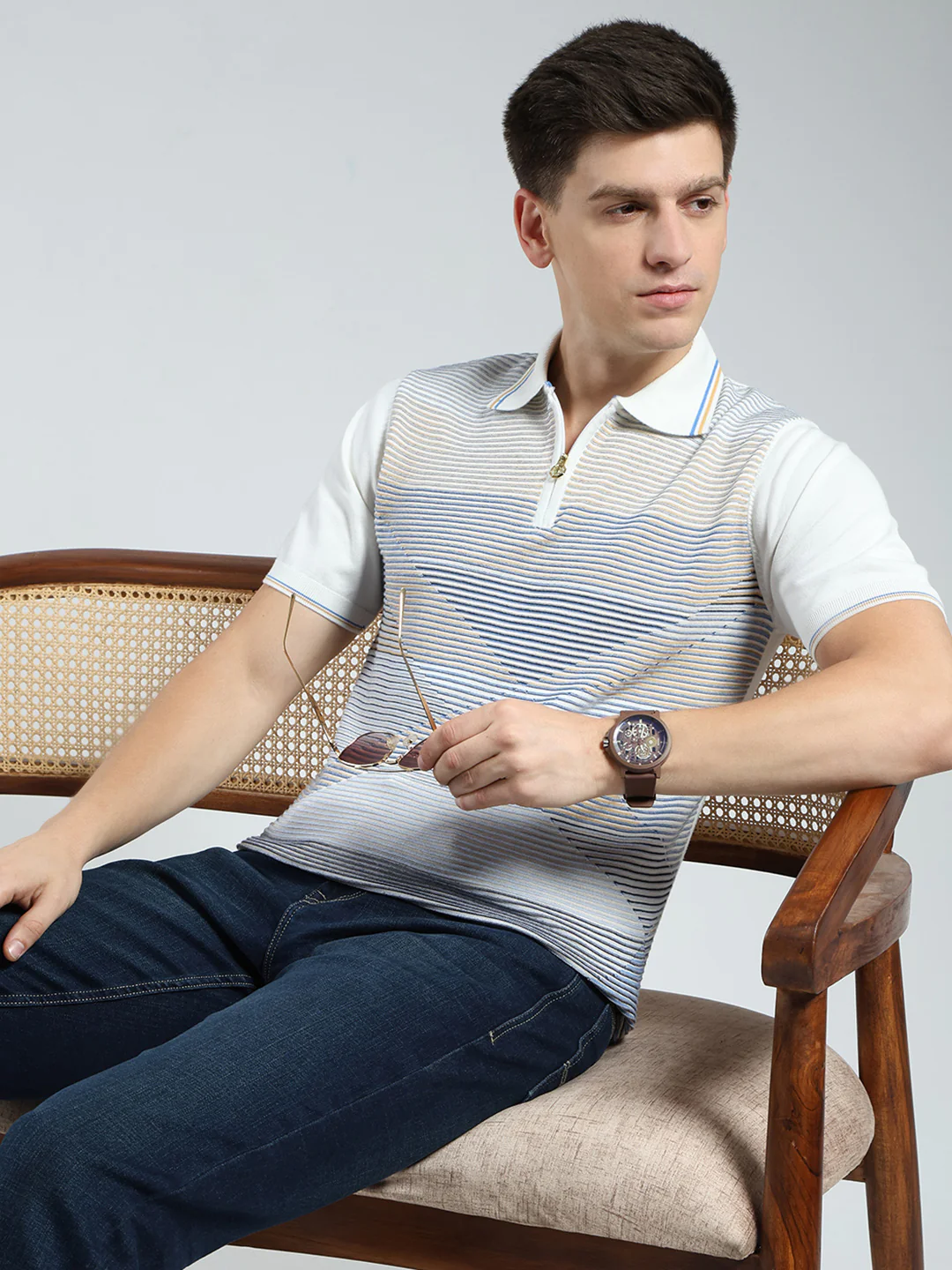 Luxuria Men White Stripe Collar Half Sleeve T-Shirt - Image 6