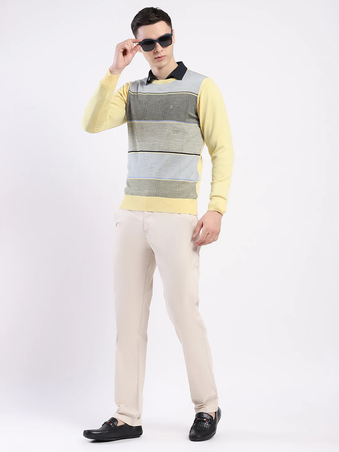 Luxuria Men Yellow Self Design Round Neck Full Sleeve Pullover - Image 2