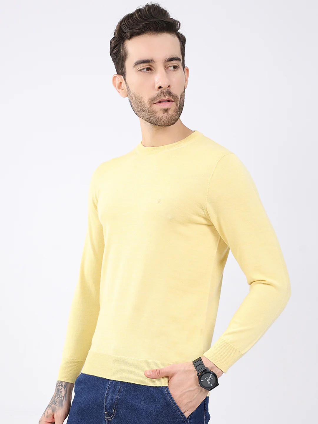 Luxuria Men Yellow Solid Round Neck Full Sleeve Pullover - Image 3