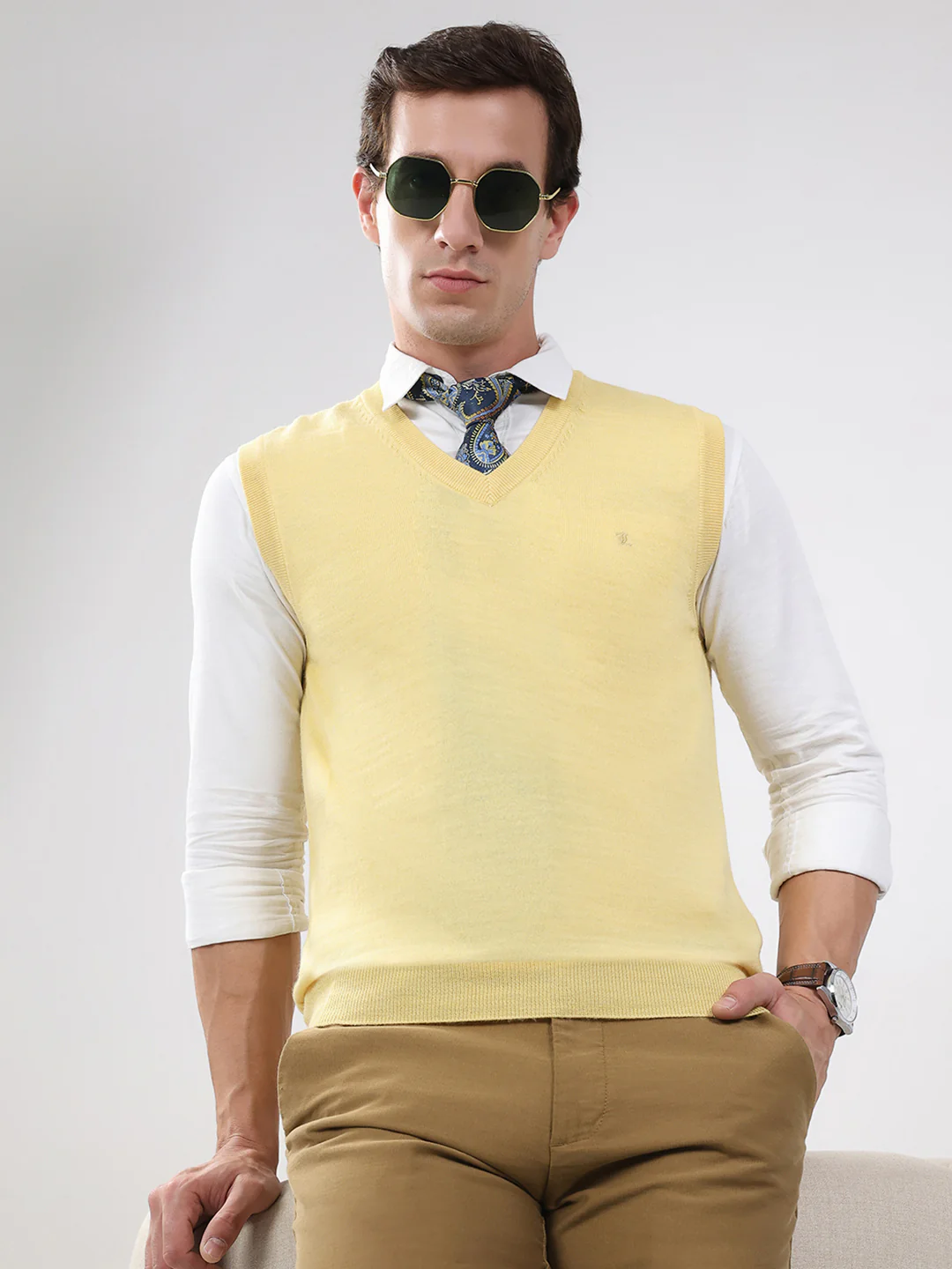 Luxuria Men Yellow Solid V Neck Sleeveless Sweater - Image 6
