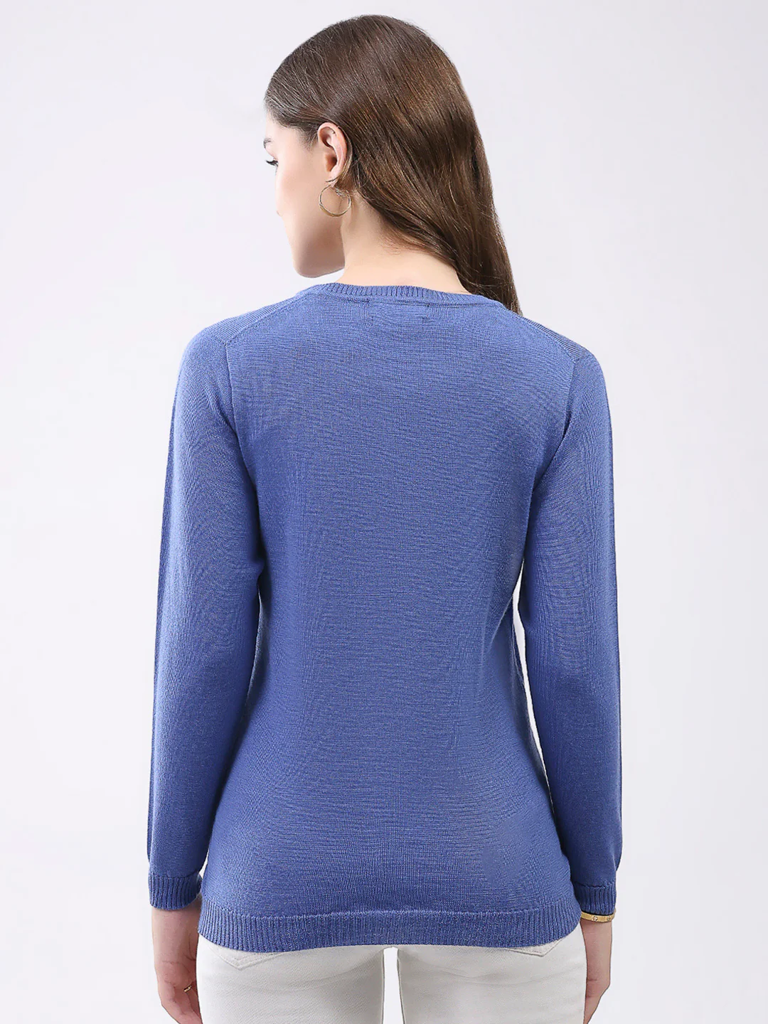 Luxuria Women Blue Solid Round Neck Full Sleeve Cardigan - Image 5