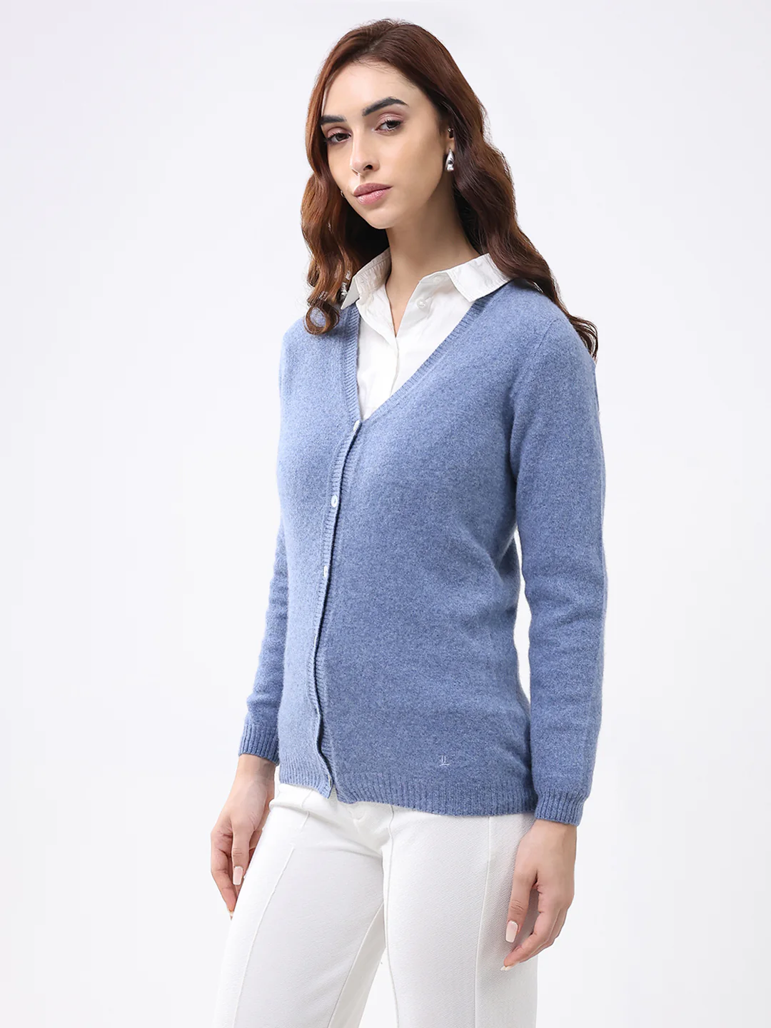 Luxuria Women Blue Solid V Neck Full Sleeve Cardigan - Image 3
