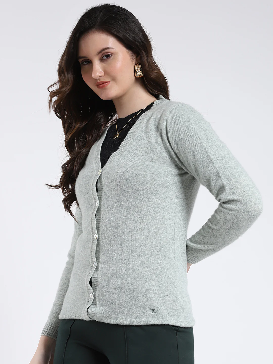 Luxuria Women Grey Solid V Neck Full Sleeve Cardigan - Image 3
