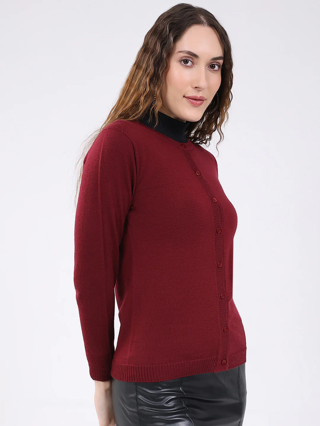 Luxuria Women Maroon Solid Round Neck Full Sleeve Cardigan - Image 4