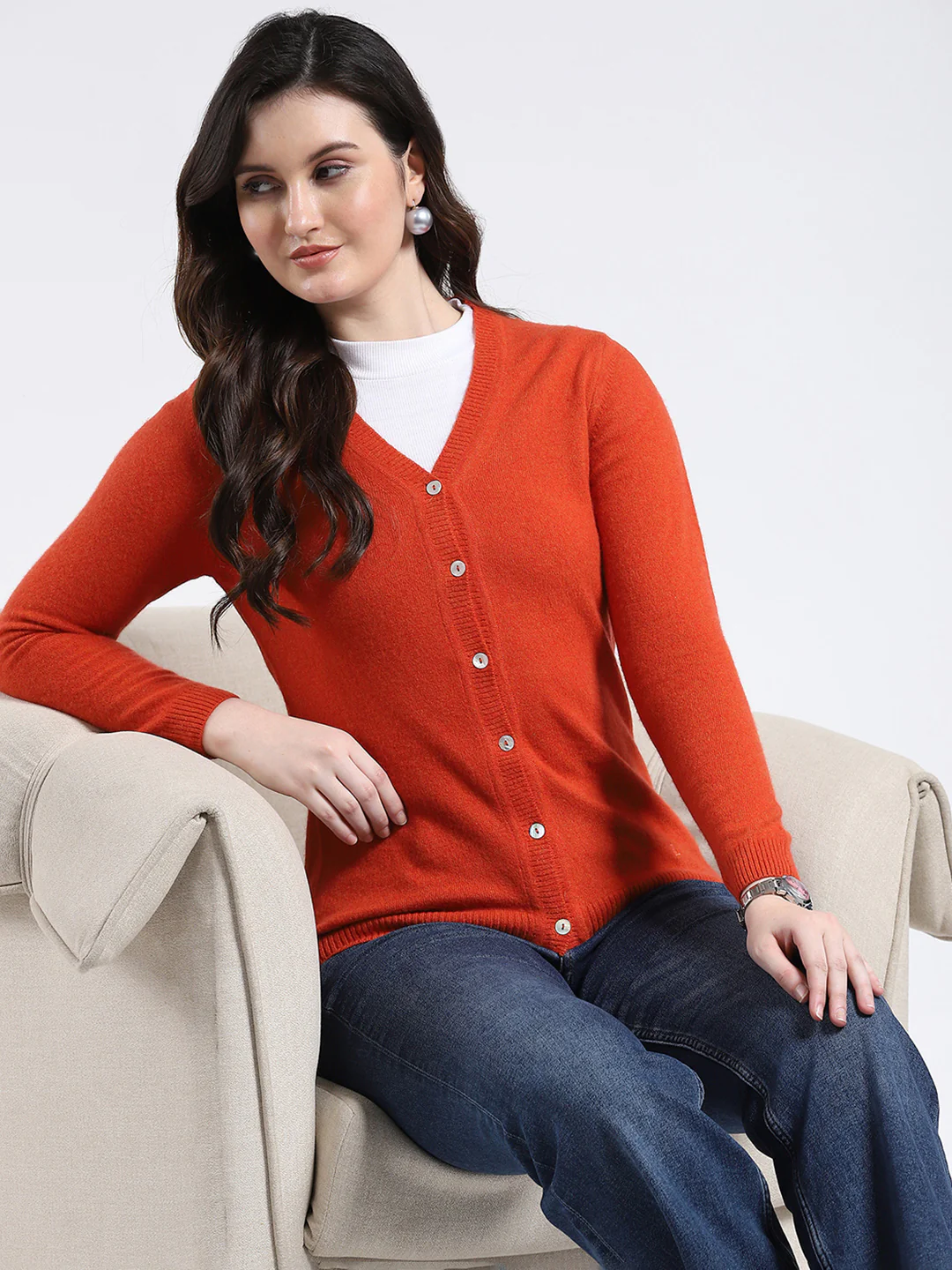 Luxuria Women Orange Solid V Neck Full Sleeve Cardigan - Image 6
