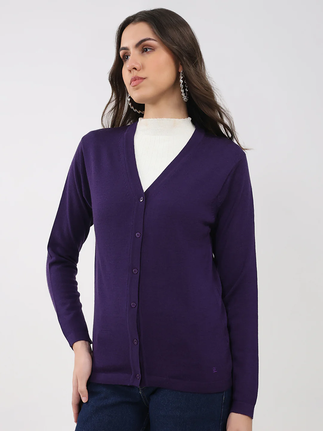 Luxuria Women Purple Solid V Neck Full Sleeve Cardigan - Image 3