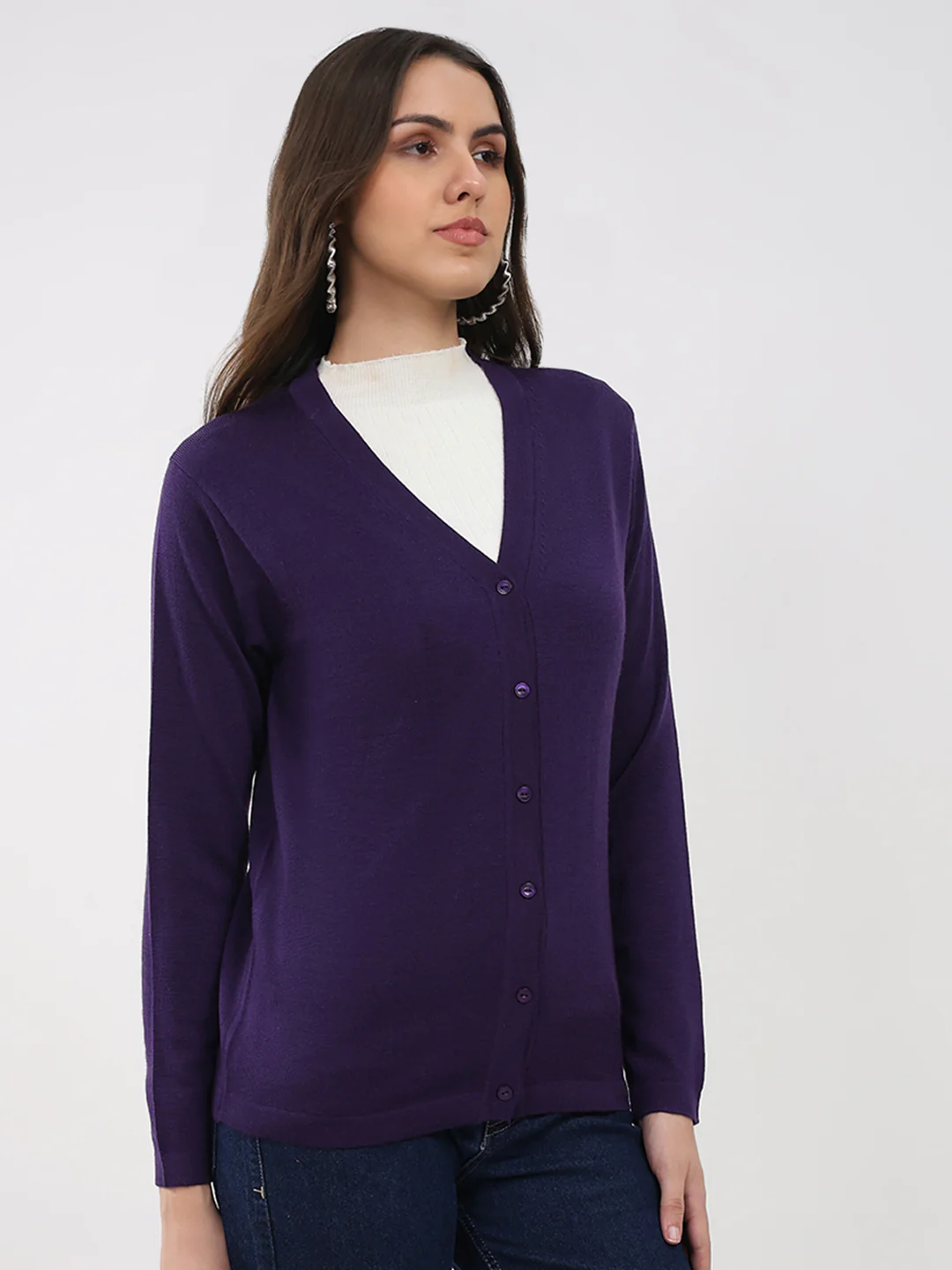 Luxuria Women Purple Solid V Neck Full Sleeve Cardigan - Image 4