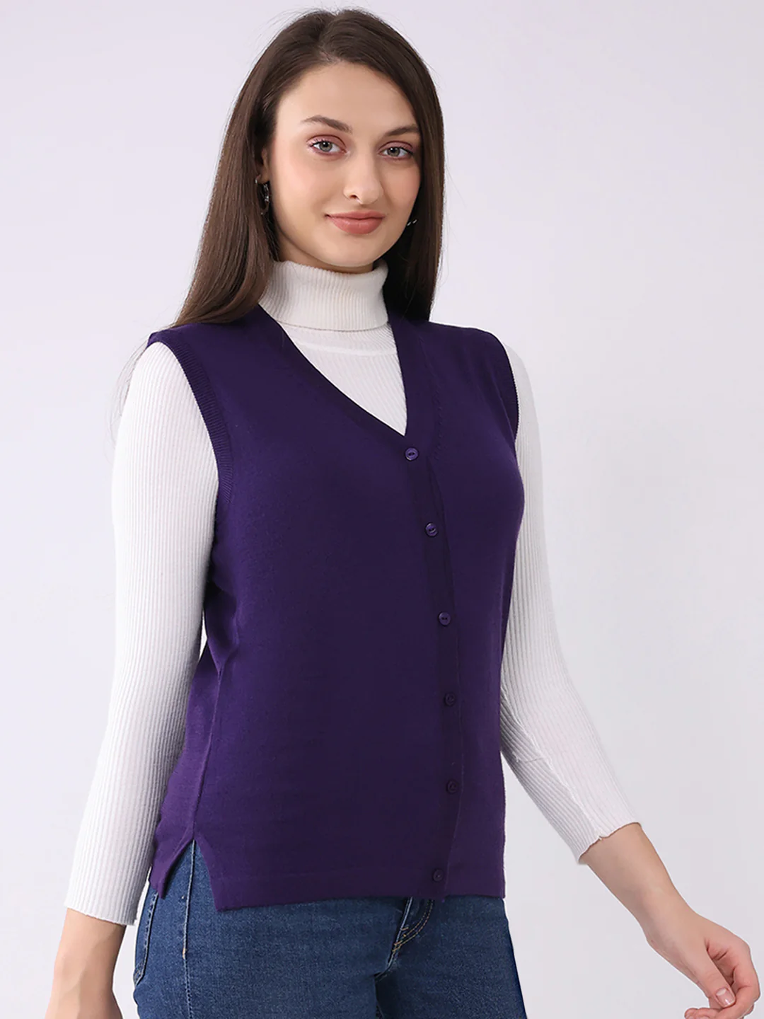Luxuria Women Purple Solid V Neck Sleeveless Cardigan - Image 4