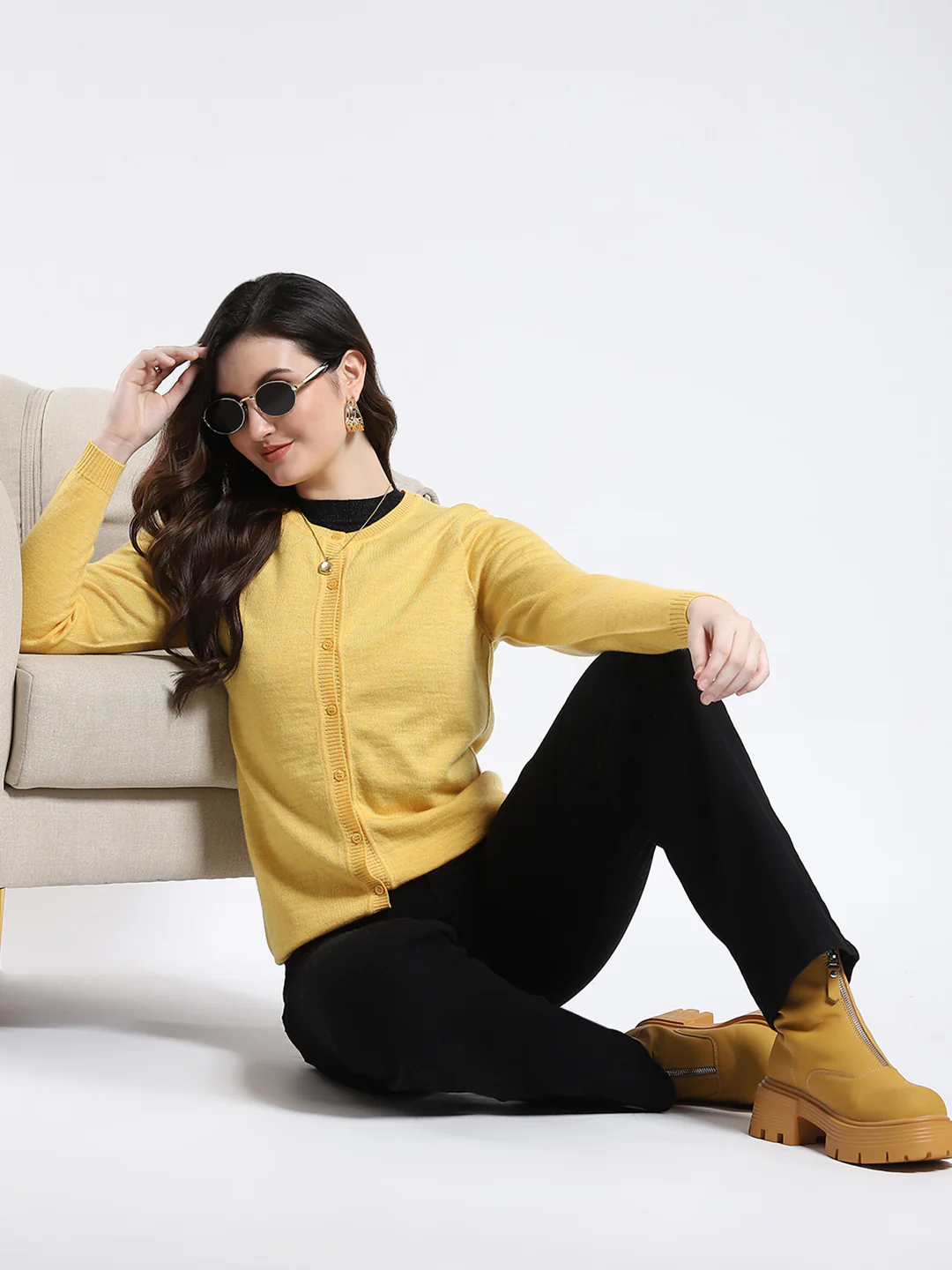 Luxuria Women Yellow Solid Round Neck Full Sleeve Cardigan - Image 2