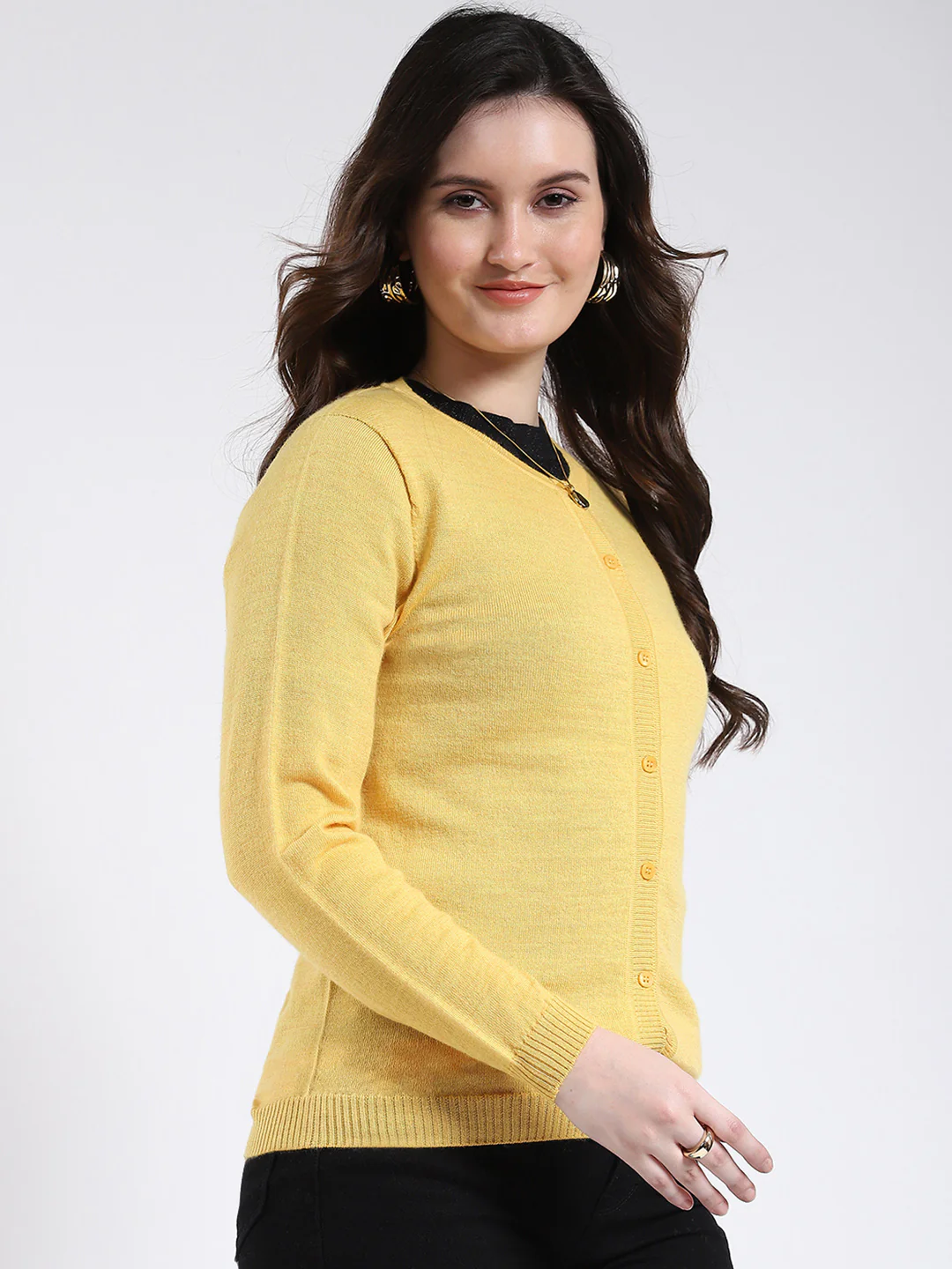 Luxuria Women Yellow Solid Round Neck Full Sleeve Cardigan - Image 4