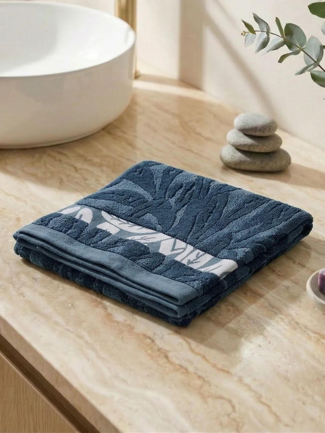 Luxury Navy Blue Bamboo Cotton Self Design 630 GSM Bath Towel Eco Bamboo Bliss 1 Pc Box Pack - Image 2