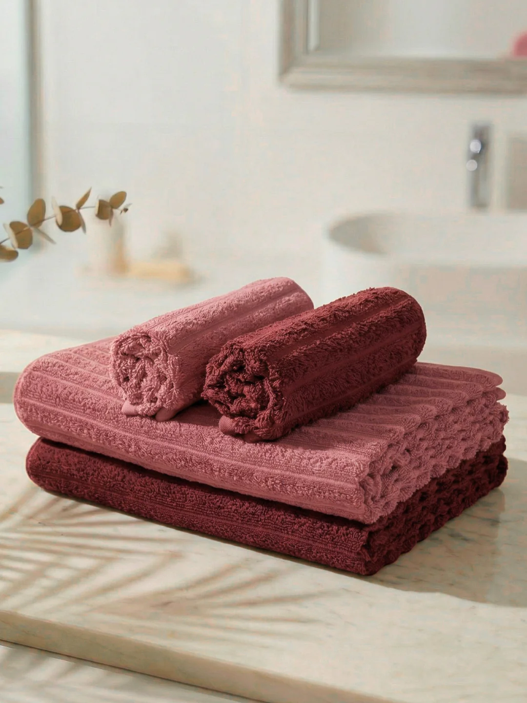 Maroon & Pink 100% Cotton Solid 500 GSM Bath Towel Sensations 4 Pc Set Gifting Box Pack - Image 3