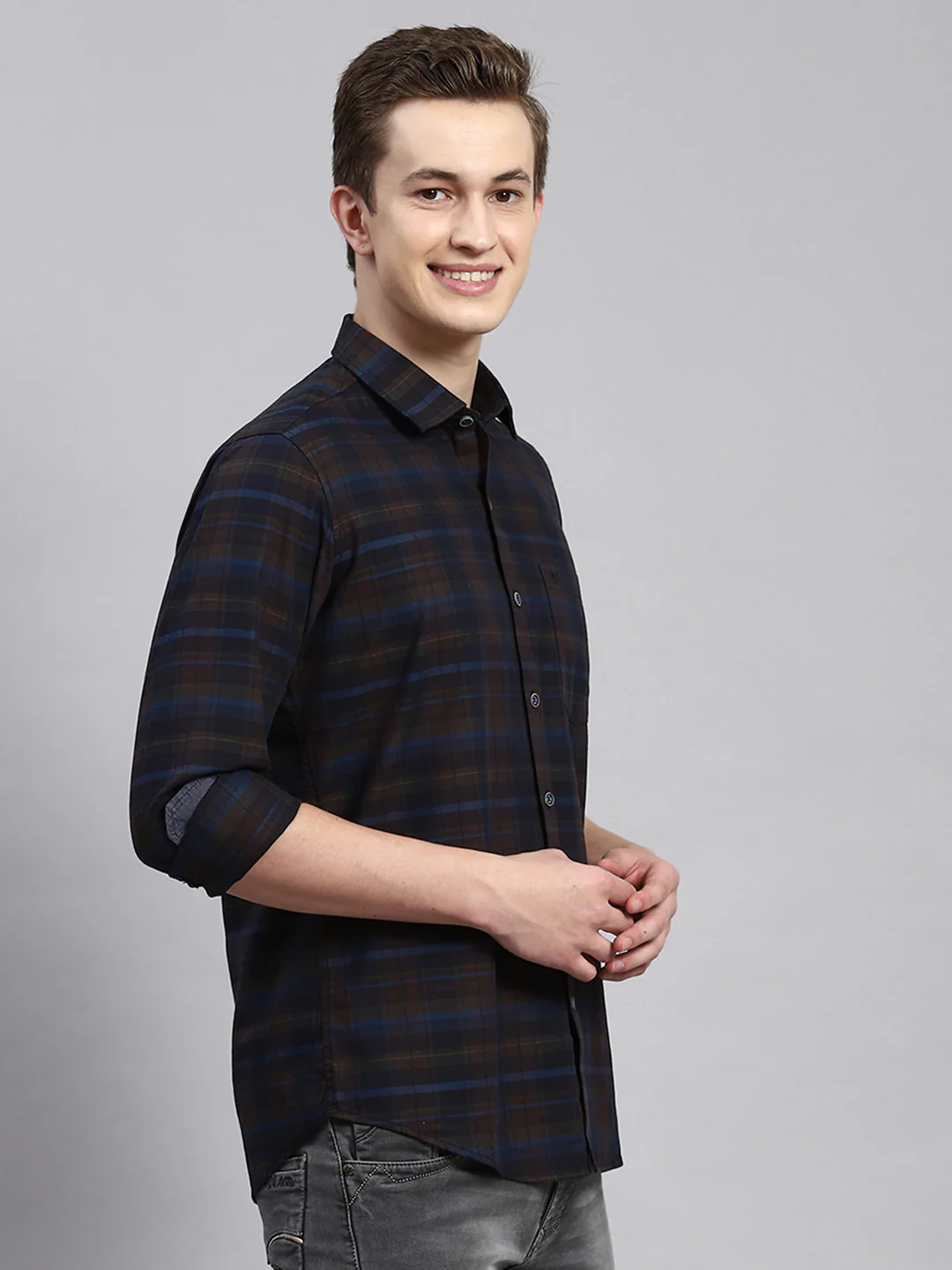 Men Aqua Blue Check Shirt - Image 3