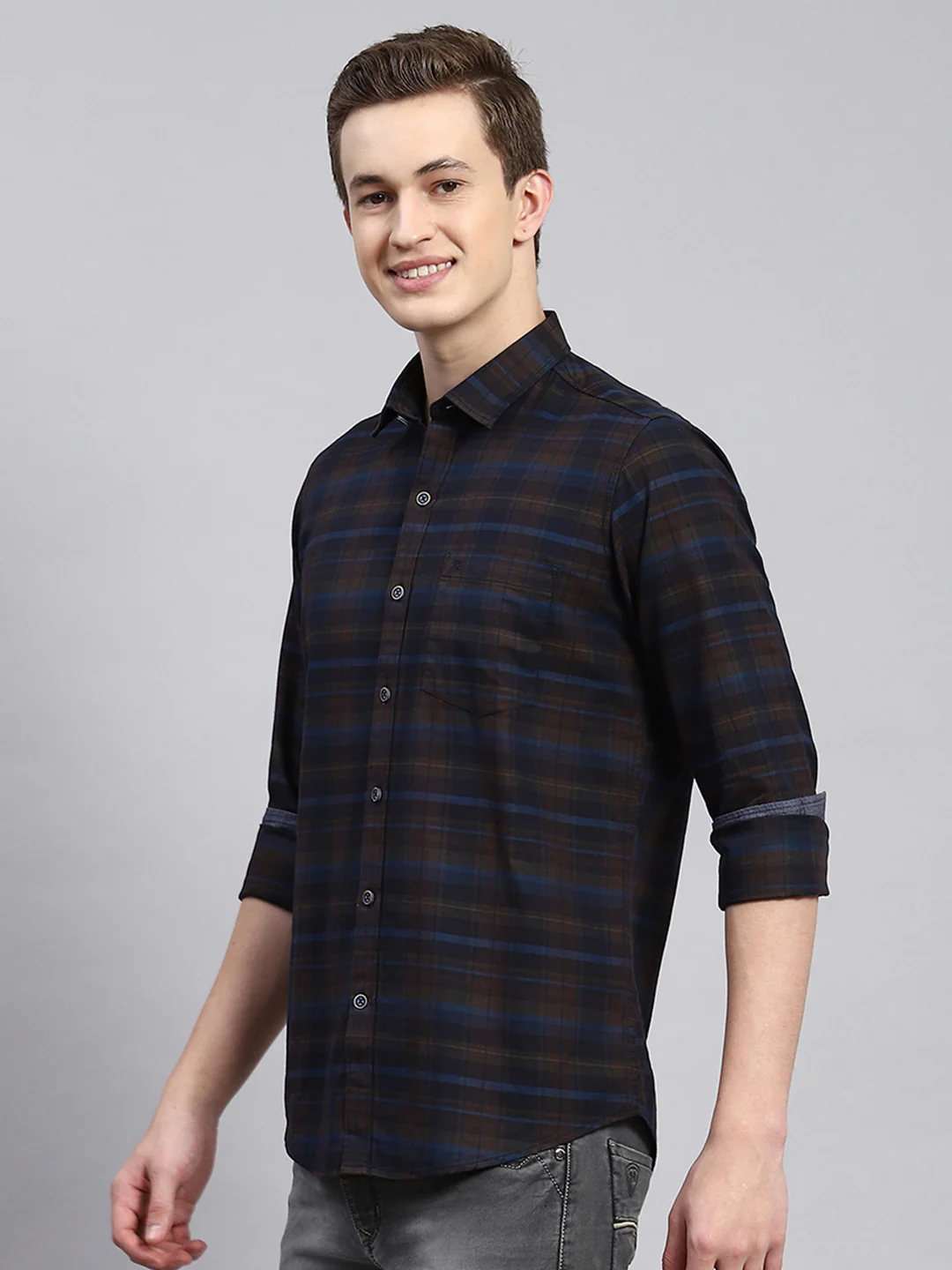Men Aqua Blue Check Shirt - Image 4