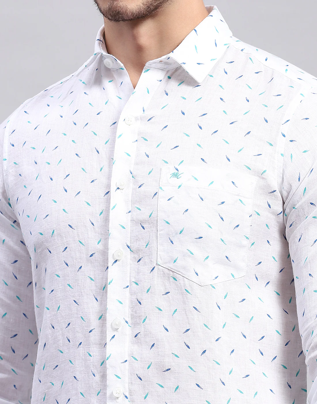 Men Aqua Blue Printed Collar Full Sleeve Linen Shirt - Image 6
