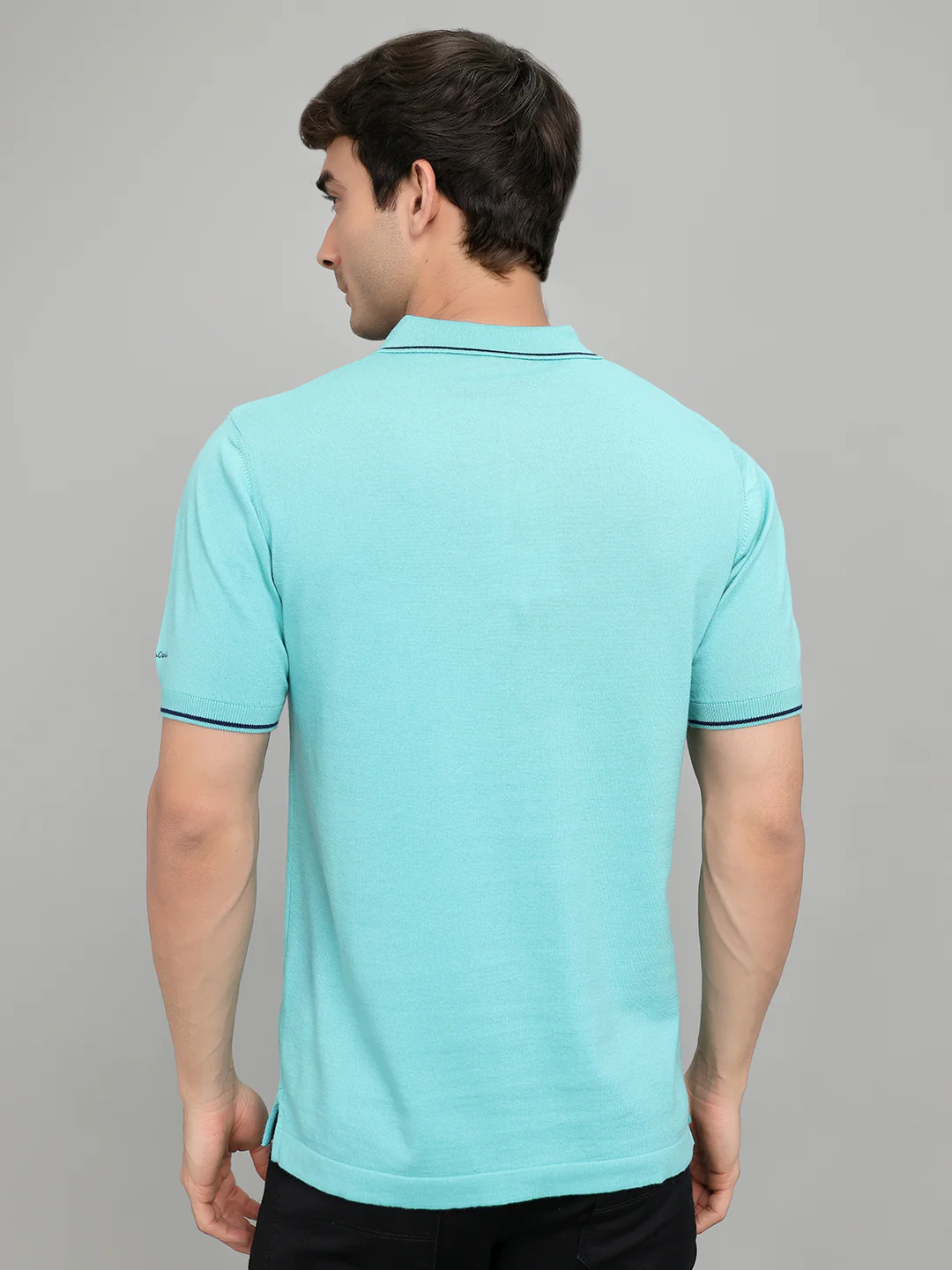 Men Aqua Blue Solid Collar Half Sleeve T-Shirt - Image 4