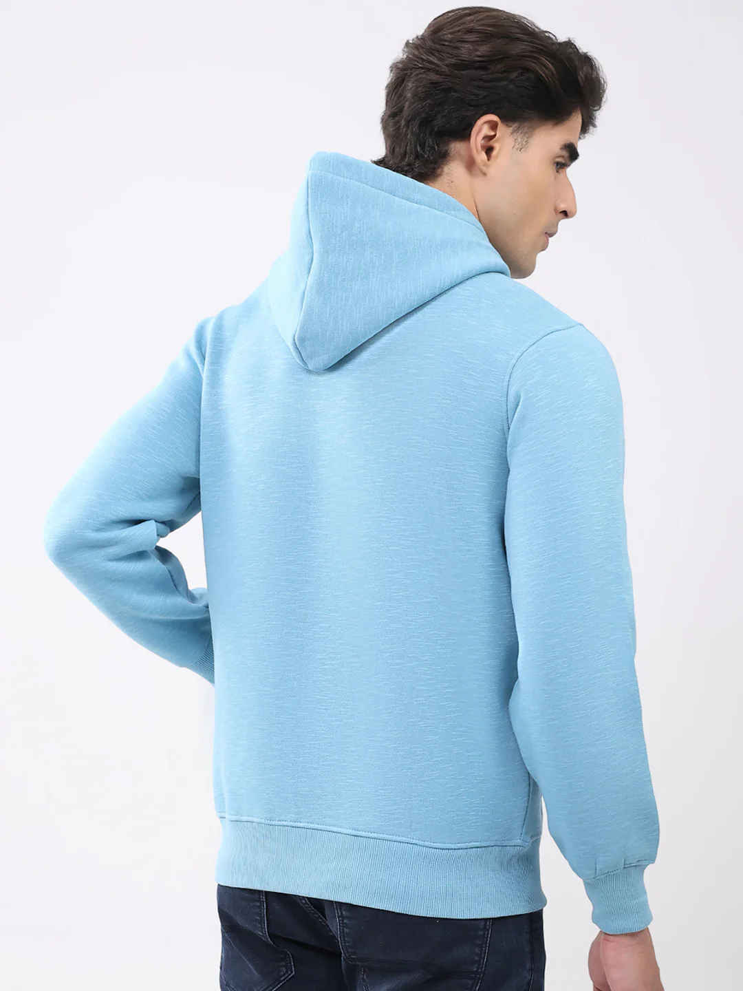 Men Aqua Blue Solid Hooded Full Sleeve Sweatshirt - Image 5