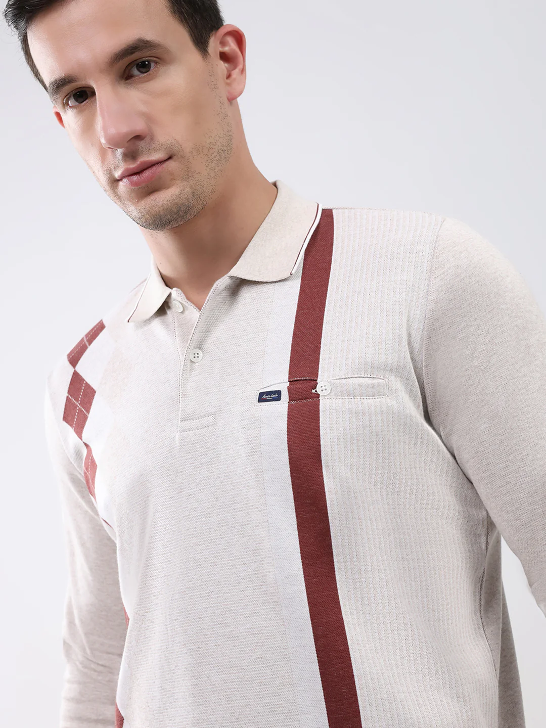 Men Beige Abstract Collar Full Sleeve Winter T-Shirt - Image 6