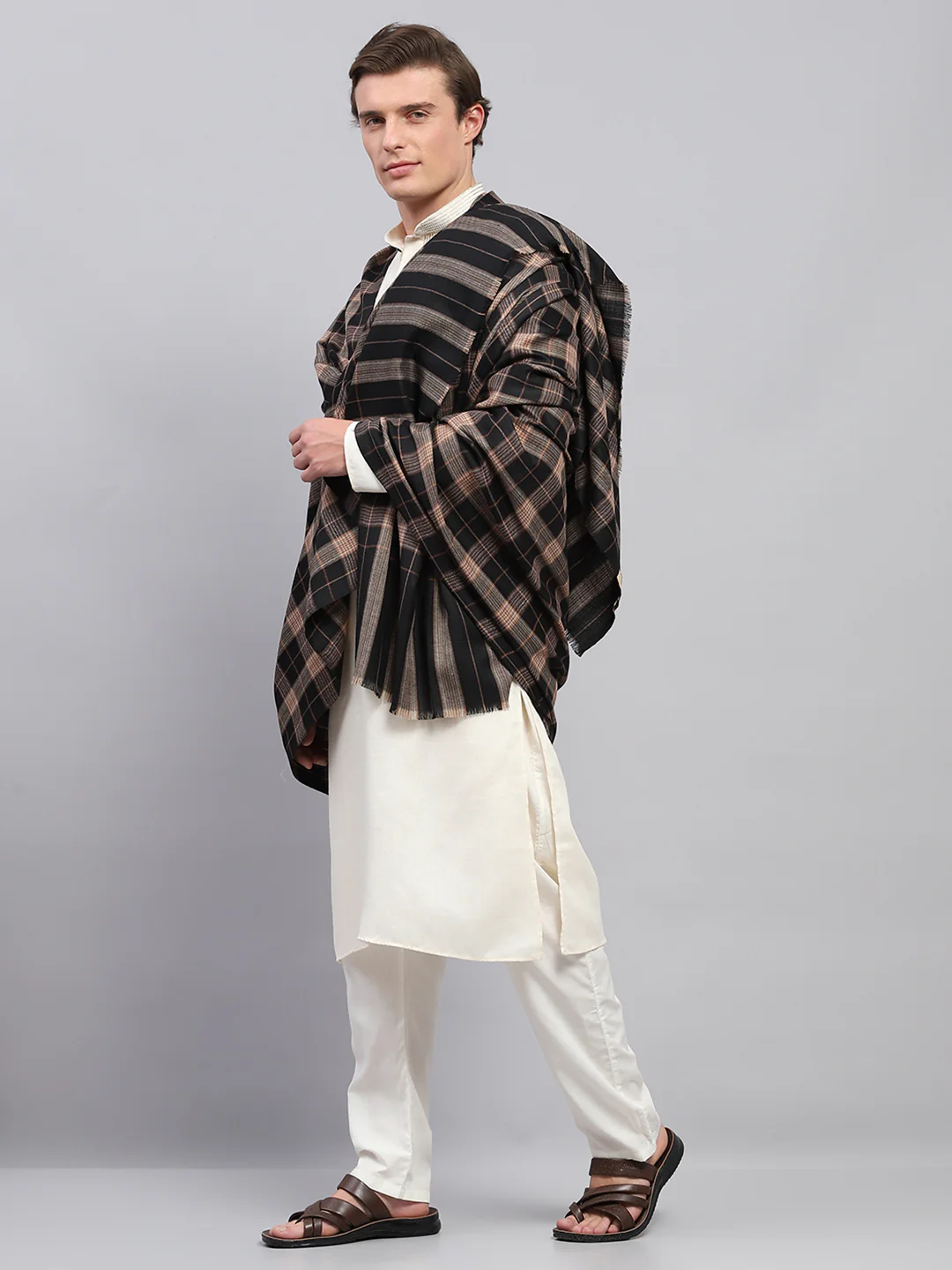 Men Beige & Black Self Design Lohi Shawl - Image 3
