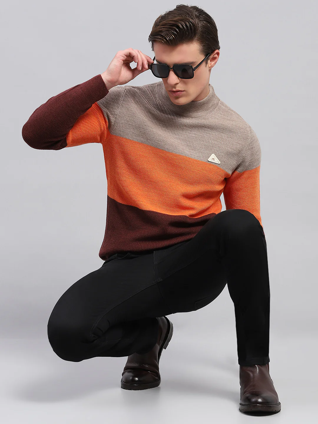 Men Beige & Brown Stripe High Neck Full Sleeve Pullover - Image 2