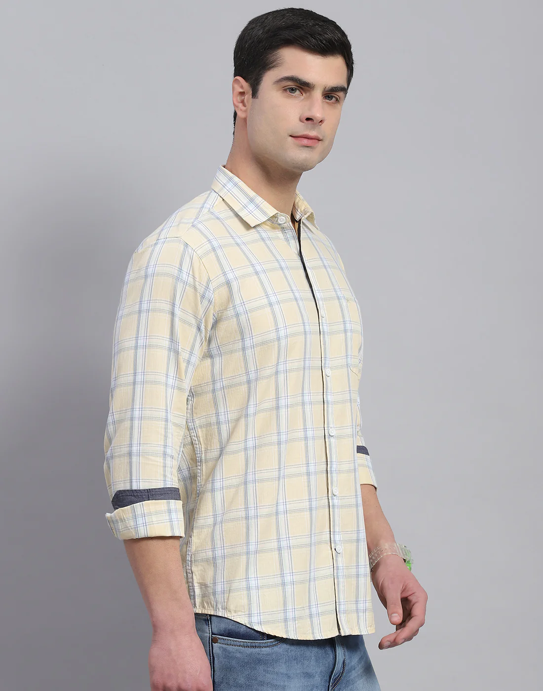 Men Beige Check Collar Full Sleeve Shirt - Image 4