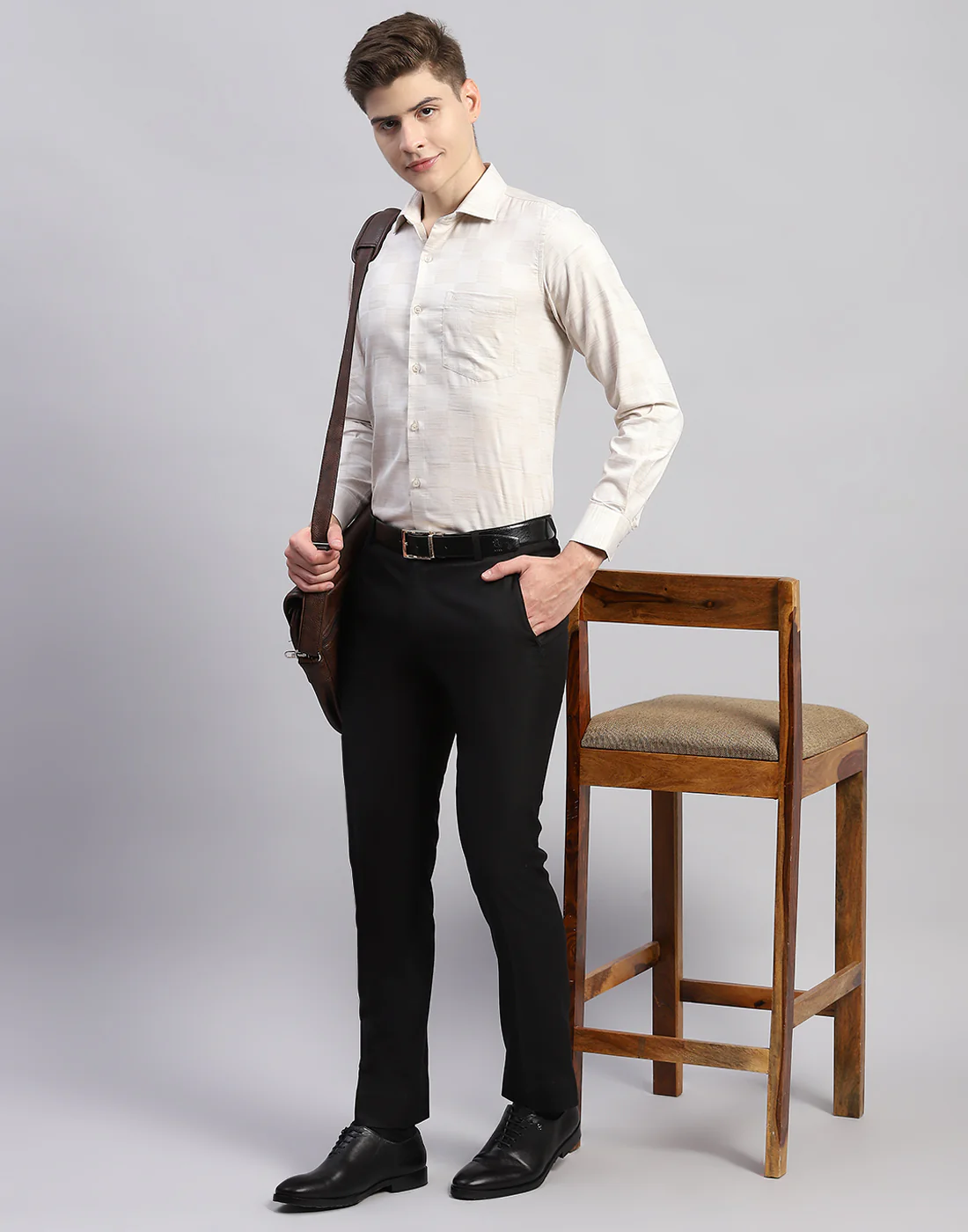 Men Beige Check Collar Full Sleeve Shirt - Image 2
