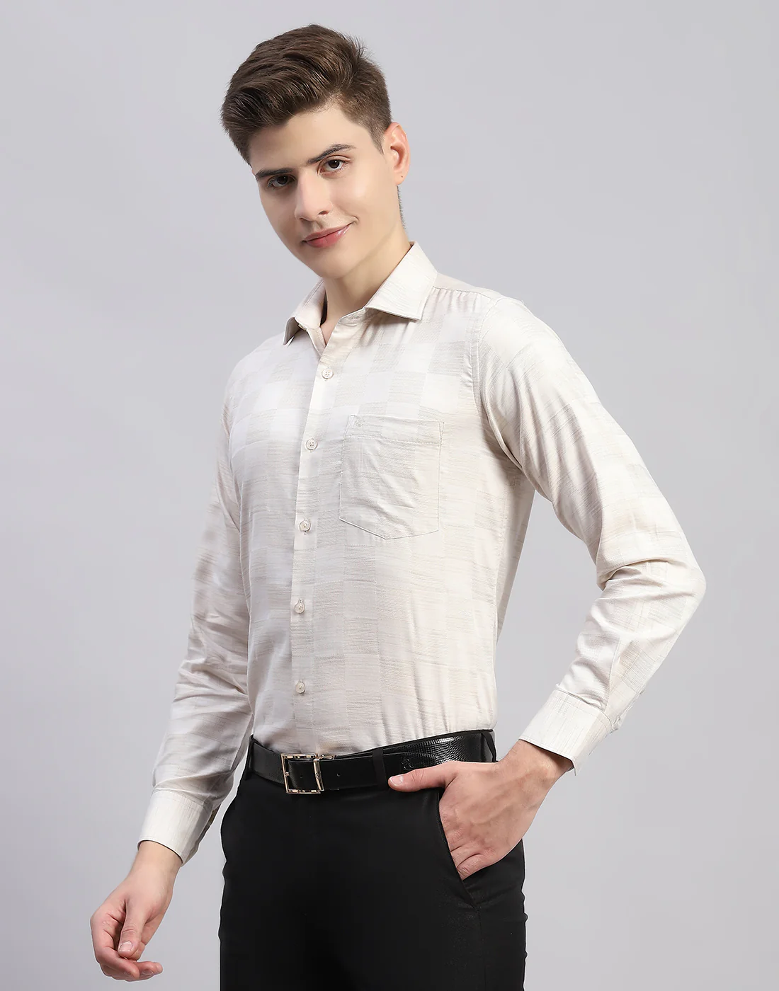 Men Beige Check Collar Full Sleeve Shirt - Image 3