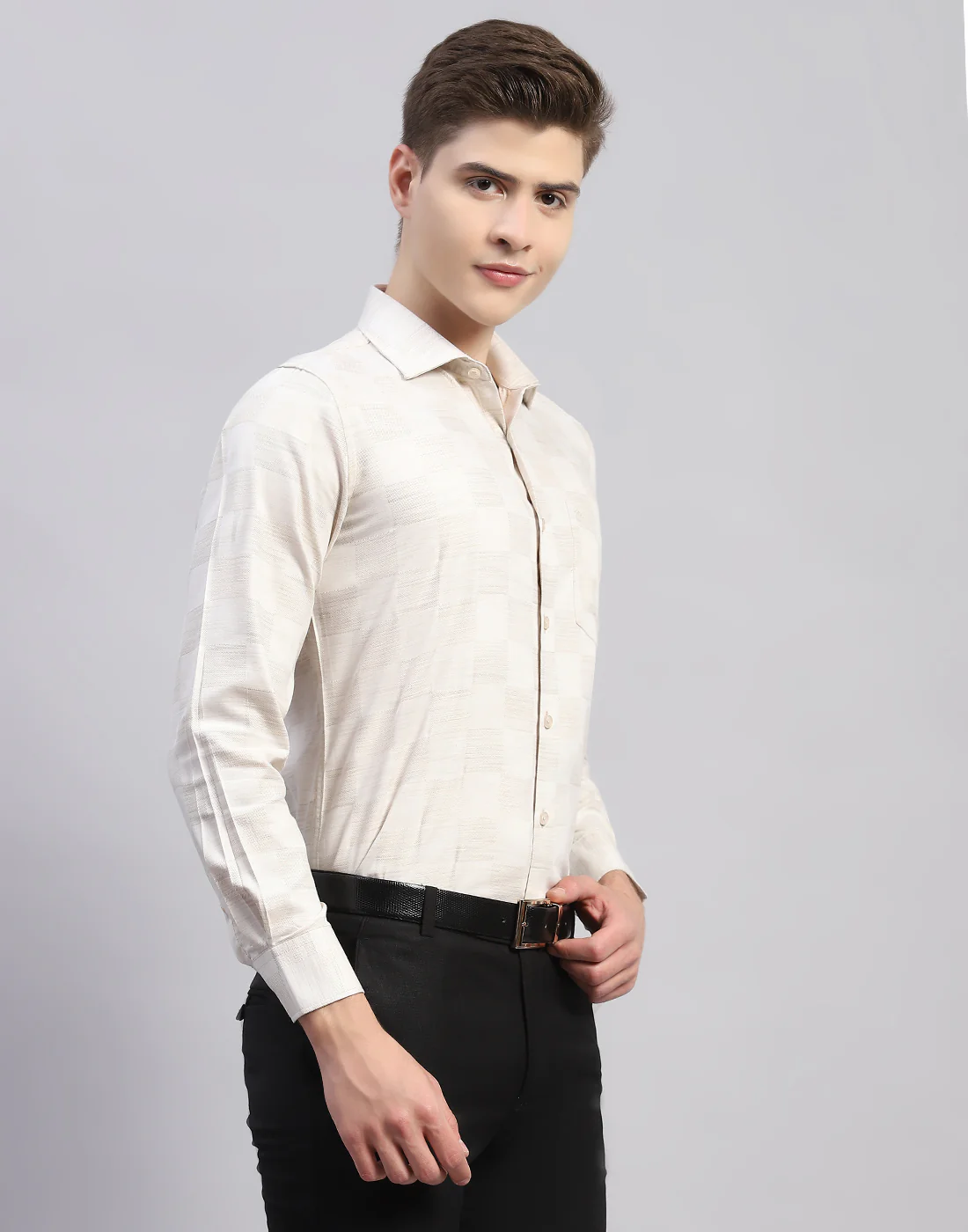 Men Beige Check Collar Full Sleeve Shirt - Image 4