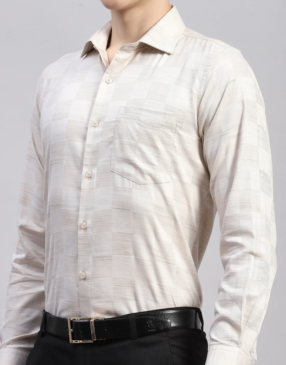 Men Beige Check Collar Full Sleeve Shirt - Image 6