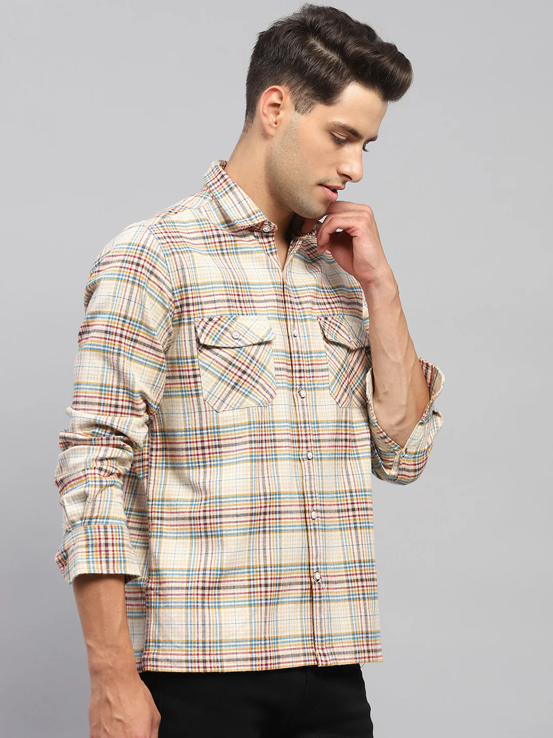 Men Beige Check Collar Full Sleeve Shirt - Image 4