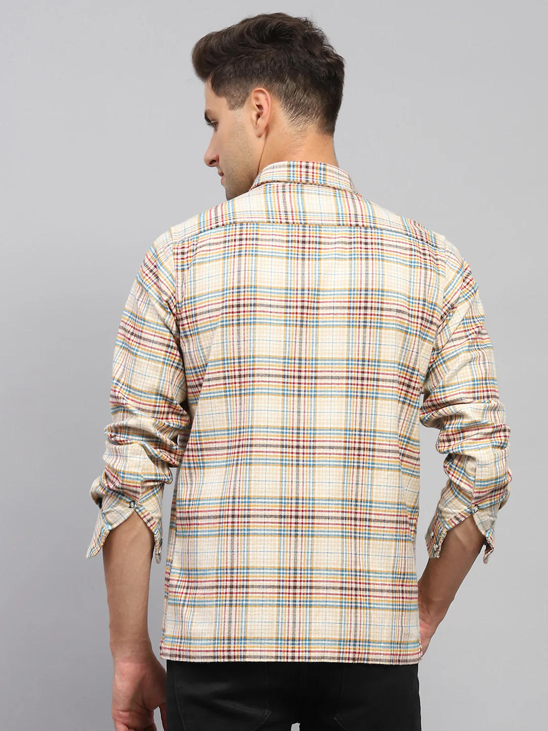 Men Beige Check Collar Full Sleeve Shirt - Image 5