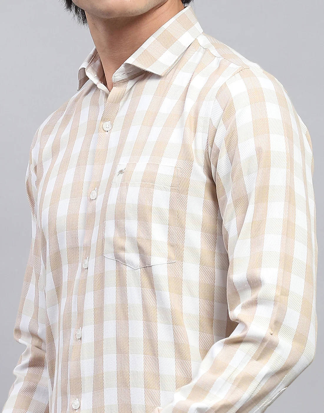 Men Beige Check Collar Full Sleeve Shirt - Image 6