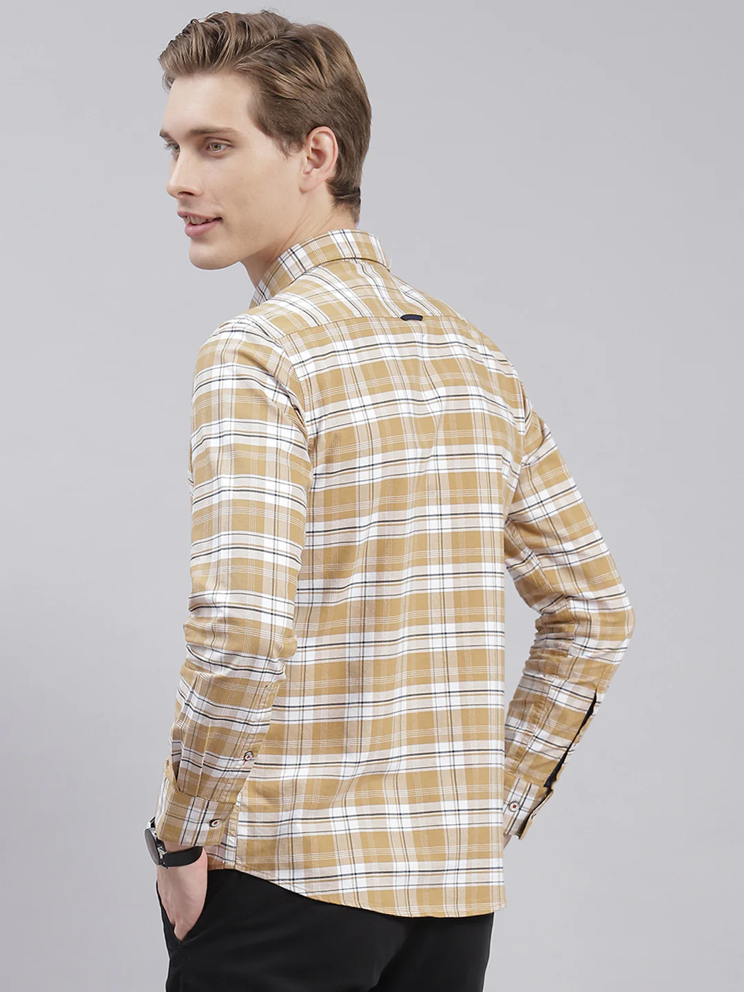 Men Beige Check Collar Full Sleeve Shirts - Image 3
