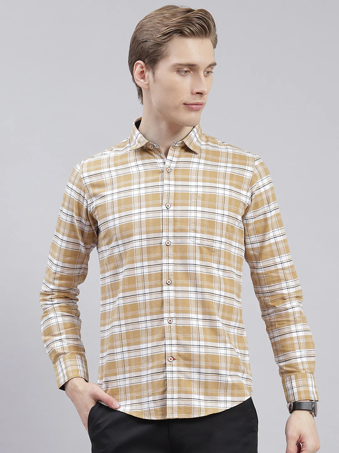 Men Beige Check Collar Full Sleeve Shirts - Image 4