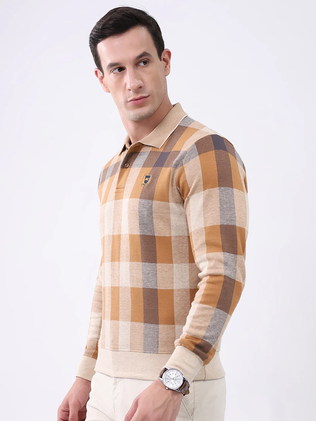 Men Beige Check Collar Full Sleeve Winter T-Shirt - Image 3
