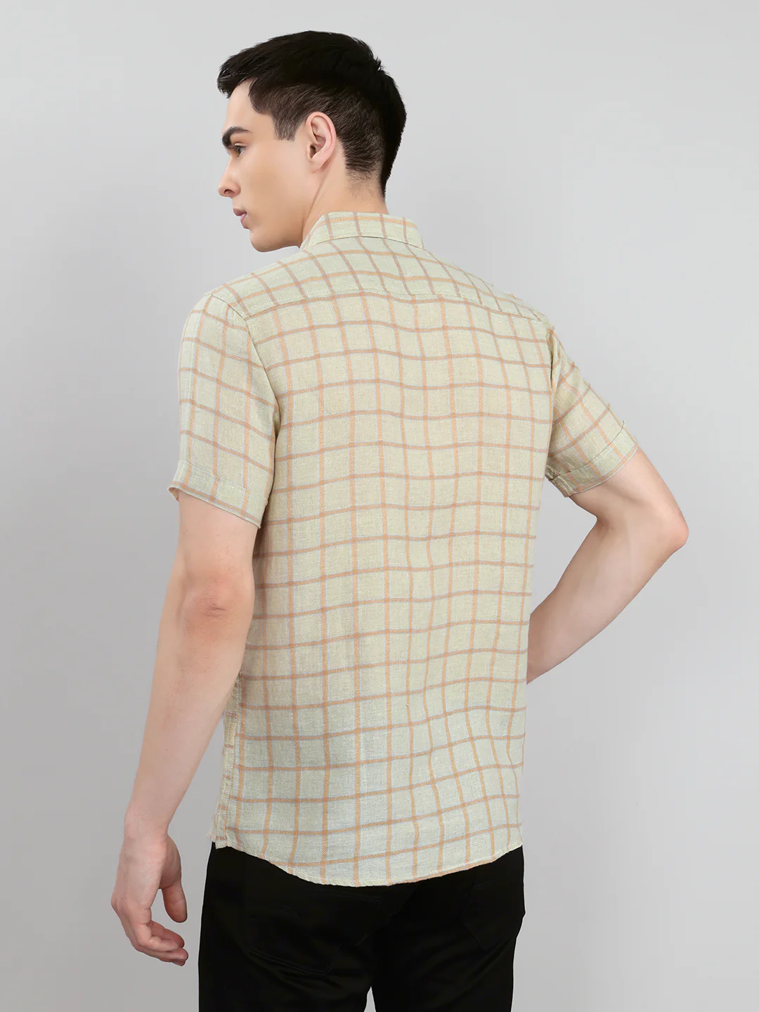 Men Beige Check Collar Half Sleeve Shirt - Image 5