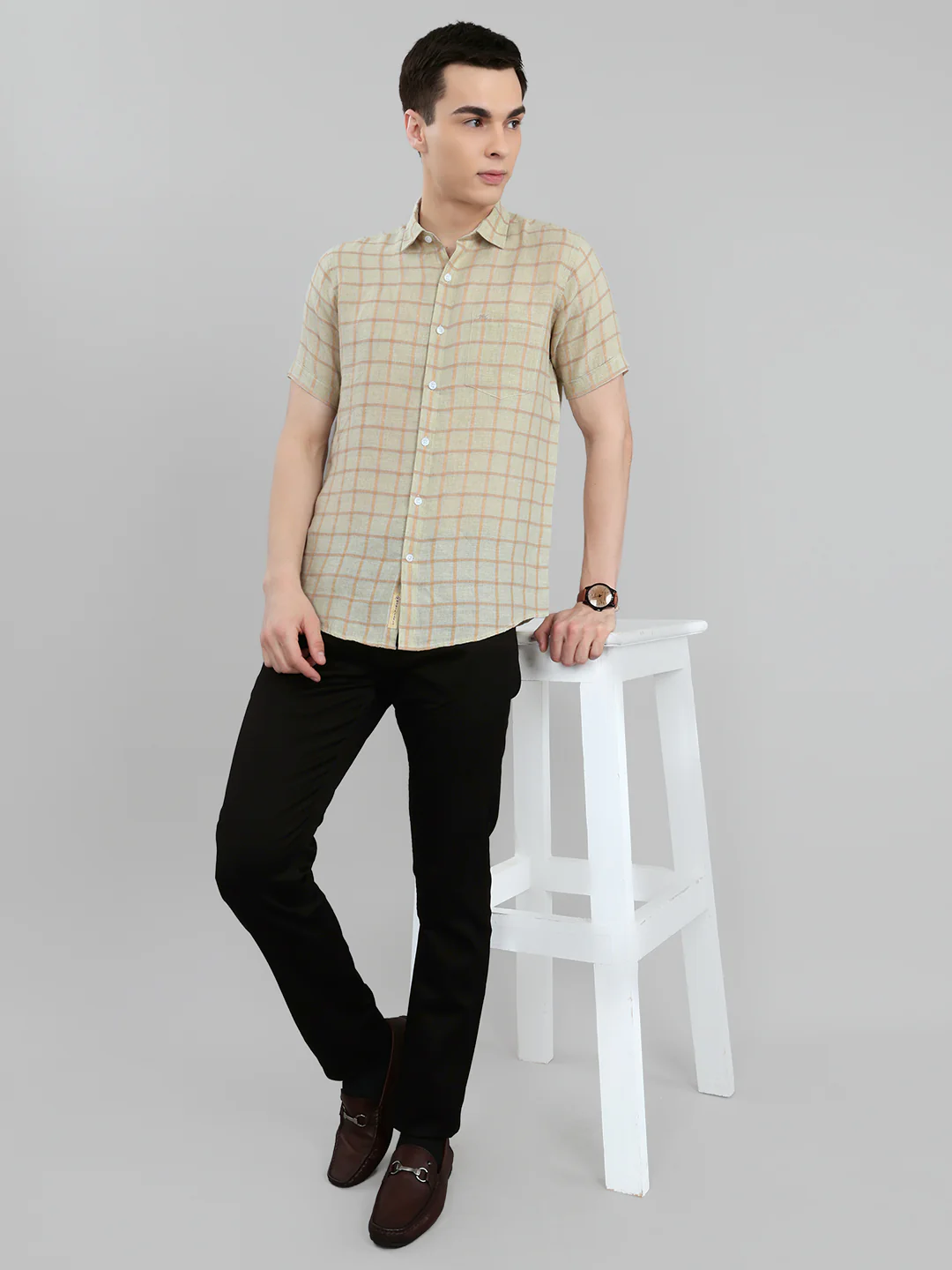 Men Beige Check Collar Half Sleeve Shirt - Image 6