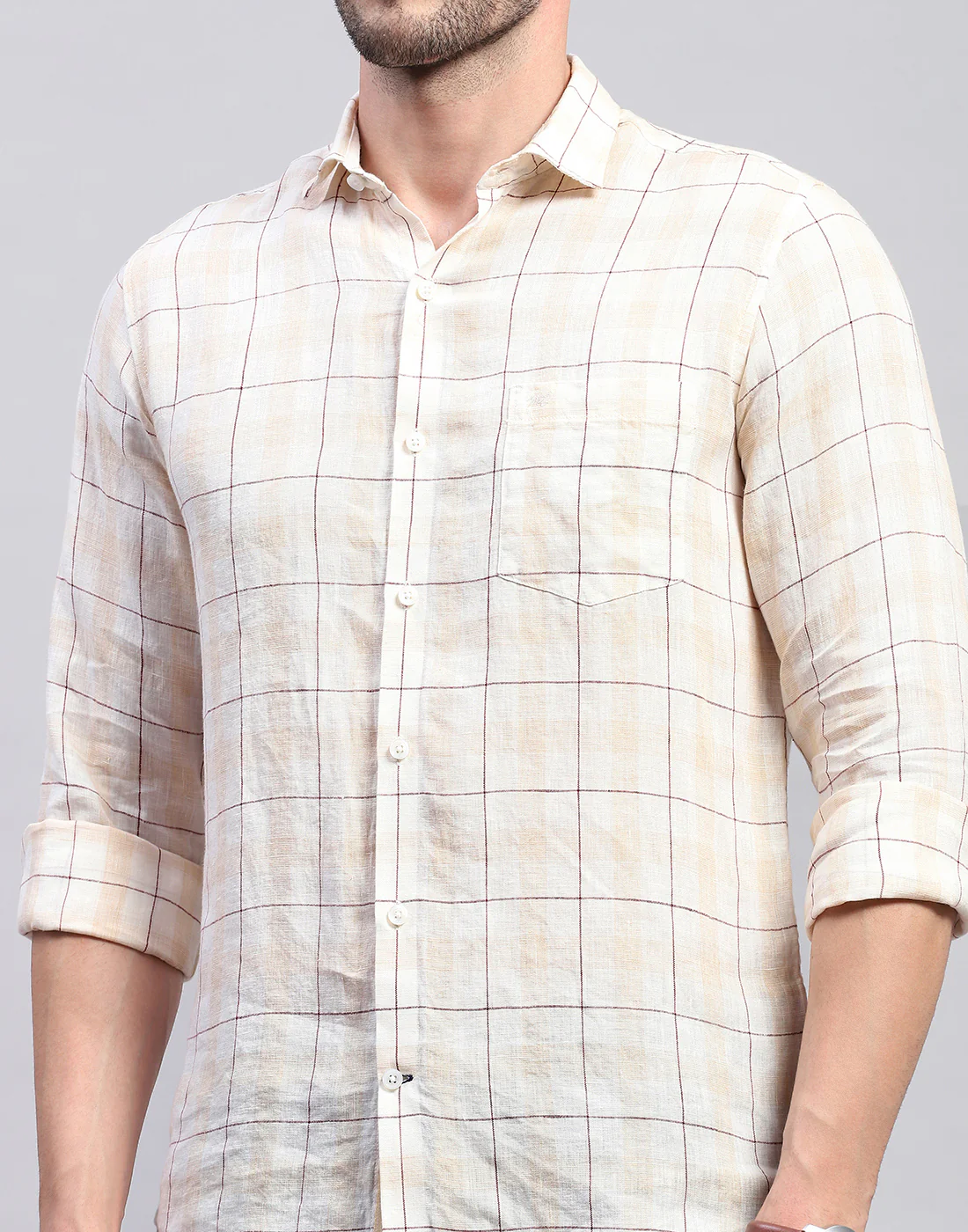 Men Beige Check Collar Neck Full Sleeve Linen Shirt - Image 7