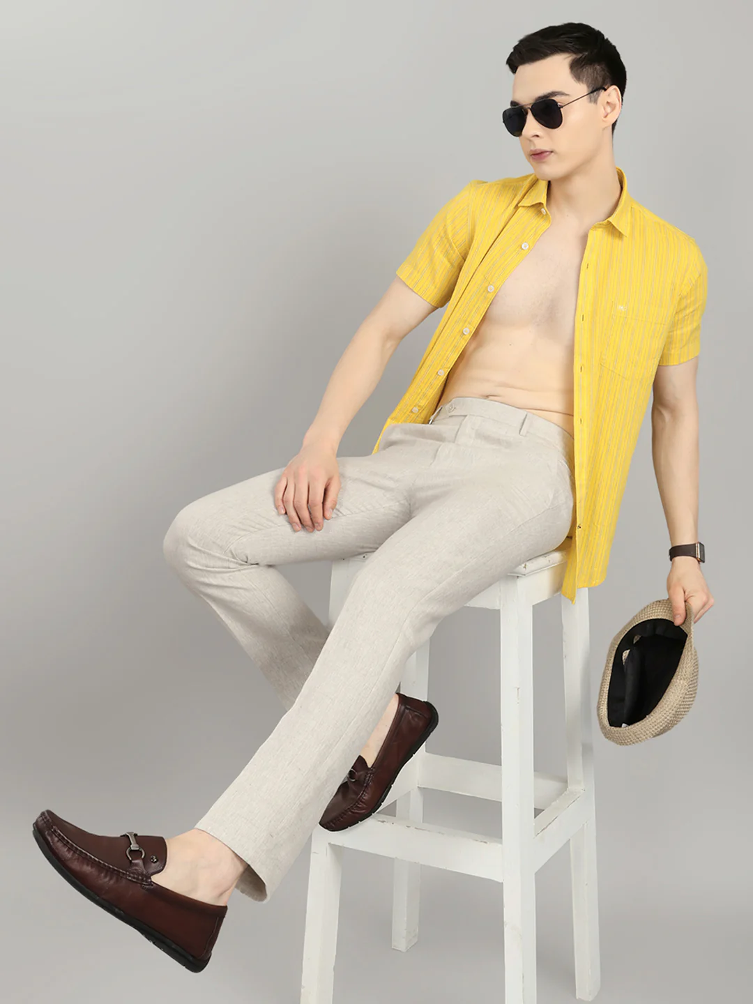 Men Beige Check Regular Fit Trouser - Image 6