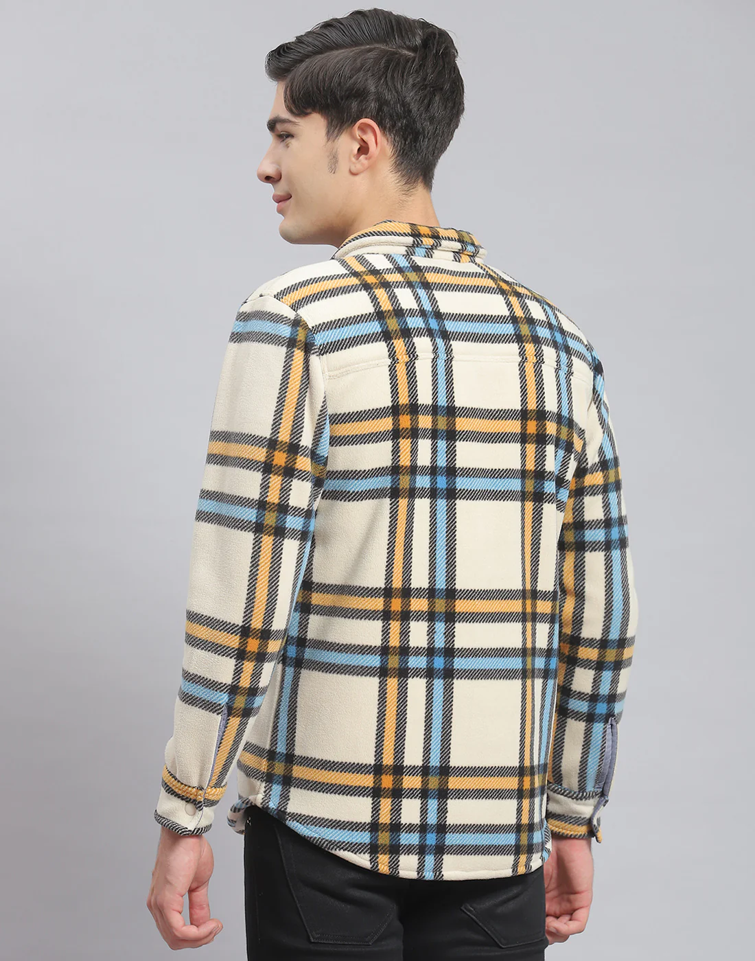 Men Beige Check Stand Collar Full Sleeve Sweatshirt - Image 5