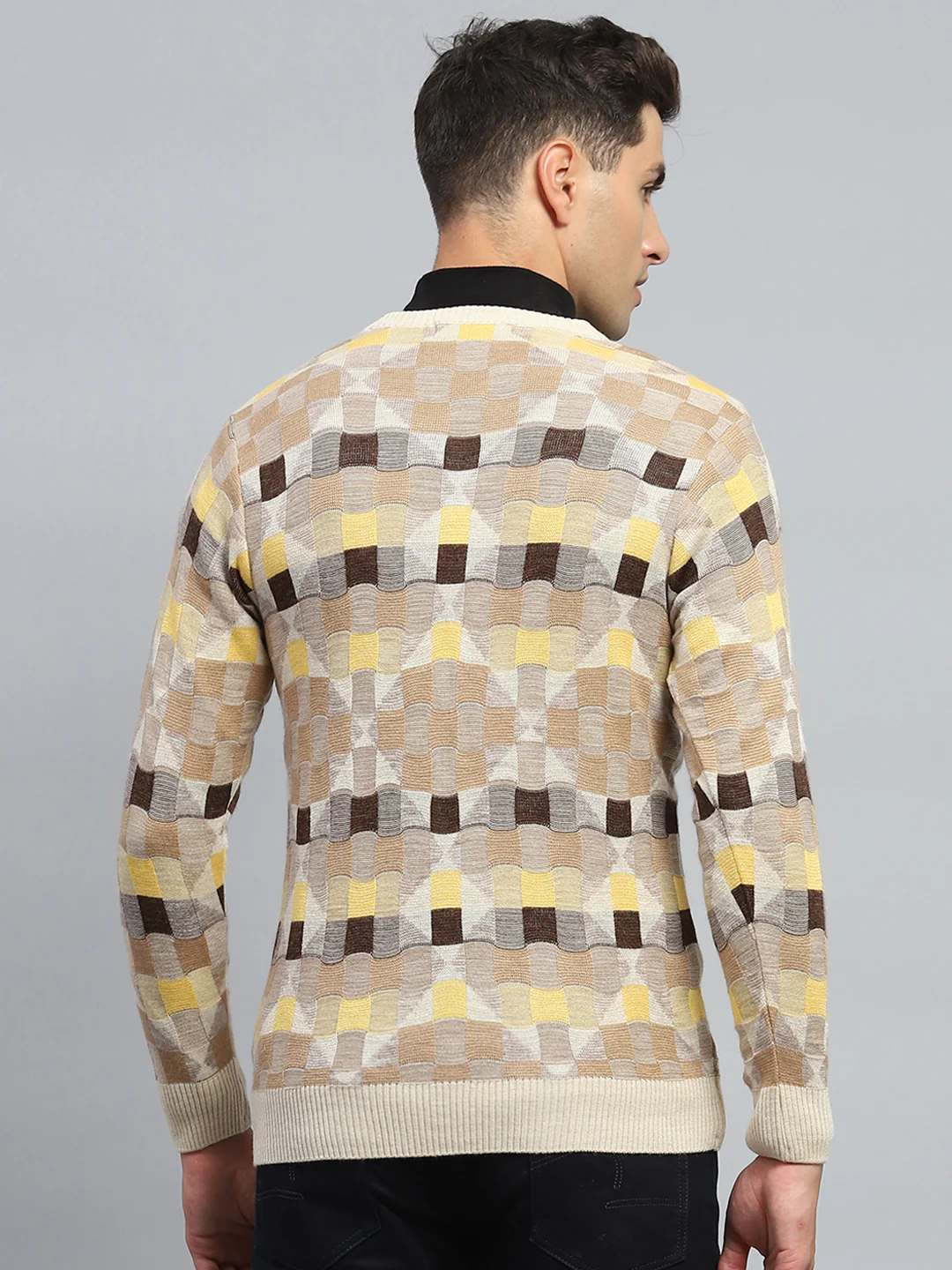 Men Beige Check V Neck Full Sleeve Pullover - Image 5