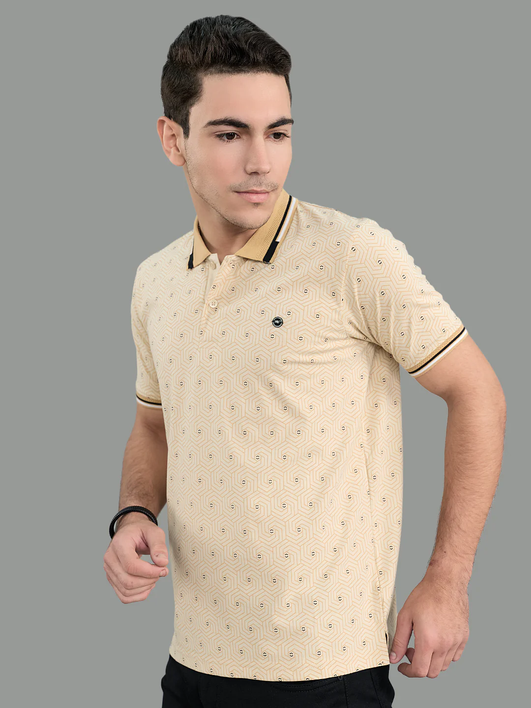 Men Beige Geometric Polo Collar Half Sleeve T-Shirt - Image 2