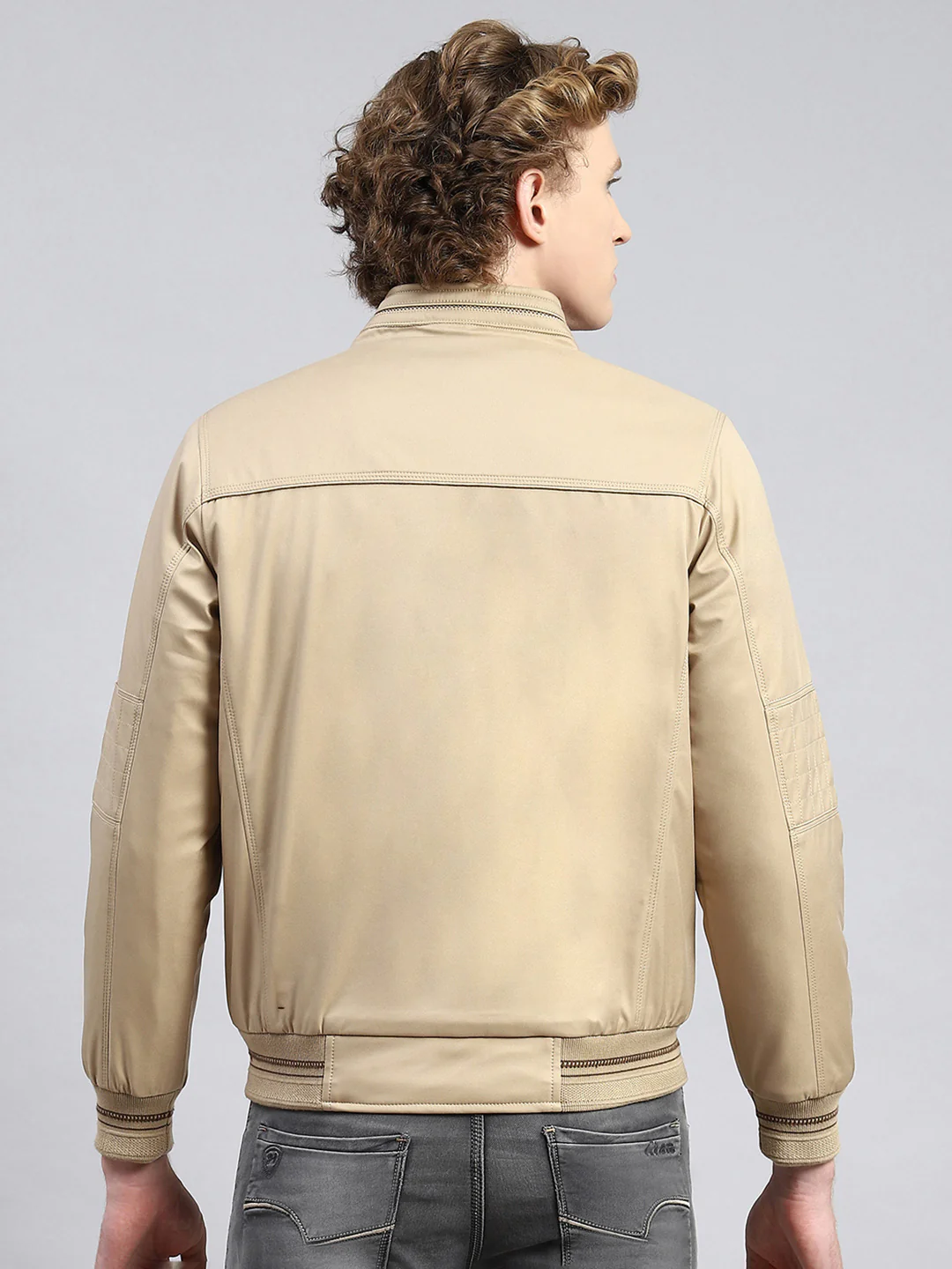 Men Beige Plain Jacket - Image 5