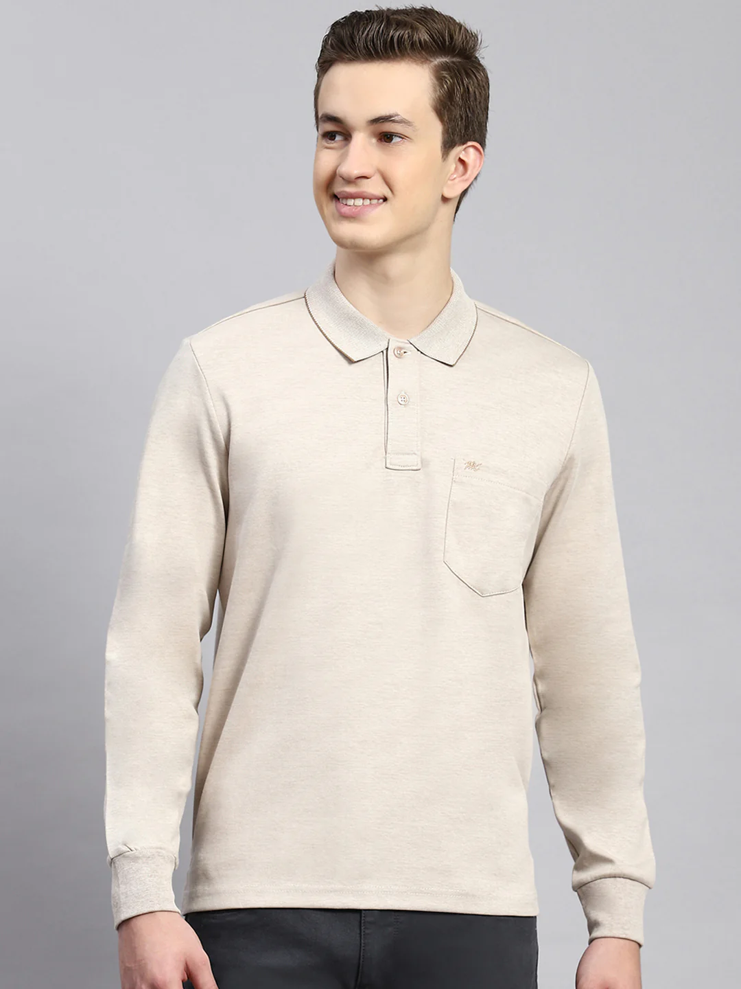 Men Beige Plain Winter T-Shirt - Image 2