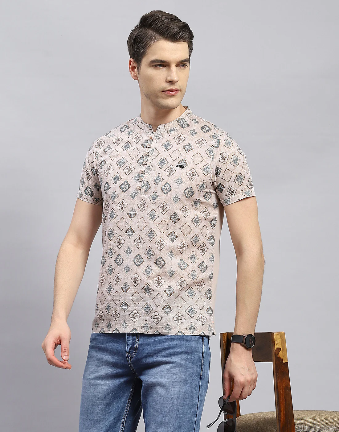Men Beige Printed Band Collar Half Sleeve Kurta - Image 6