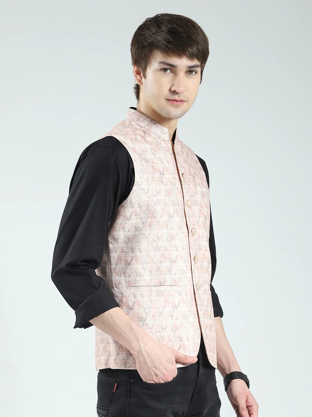 Men Beige Printed Band Neck Sleeveless Nehru Jacket - Image 4