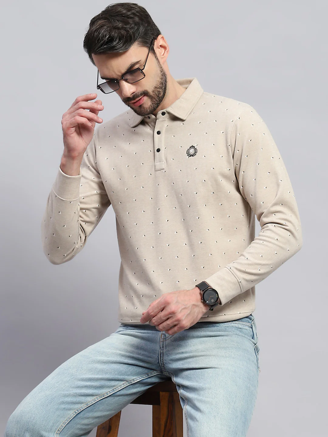 Men Beige Printed Collar Full Sleeve Sweatshirt - Image 6